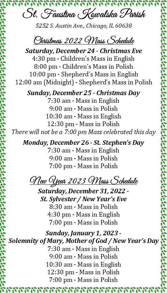 Christmas & NY Schedule English St. Faustina Kowalska Parish